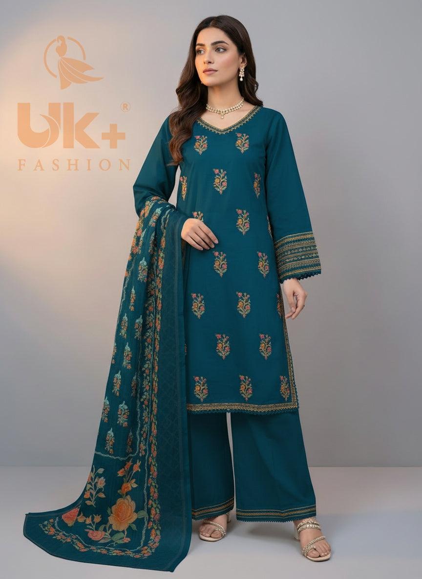 3Pc Embroidered Cotton Shirt, Plazo, Dupatta