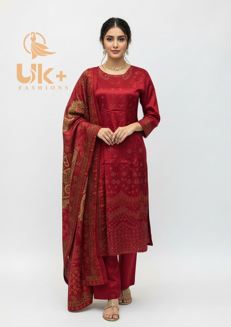 3Pc Embroidered Winter Khaadi Shirt, Shalwar, Dupatta