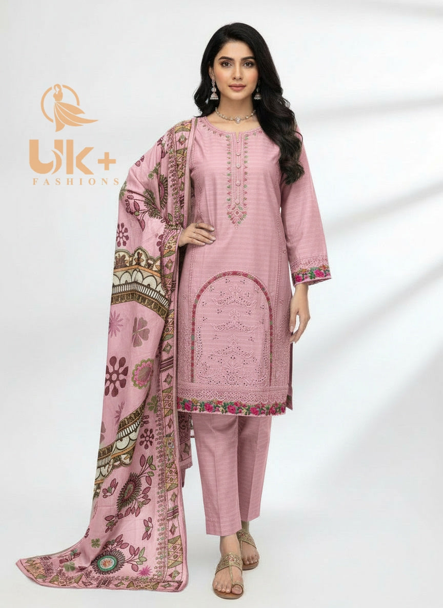 3Pc Embroidered Cotton Shirt, Plazo, Dupatta