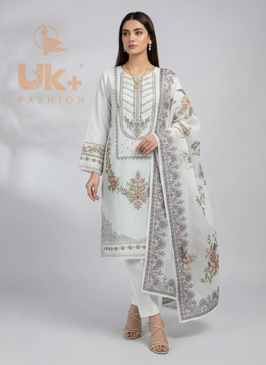 3Pc Embroidered Cotton Shirt, Trouser, Dupatta,