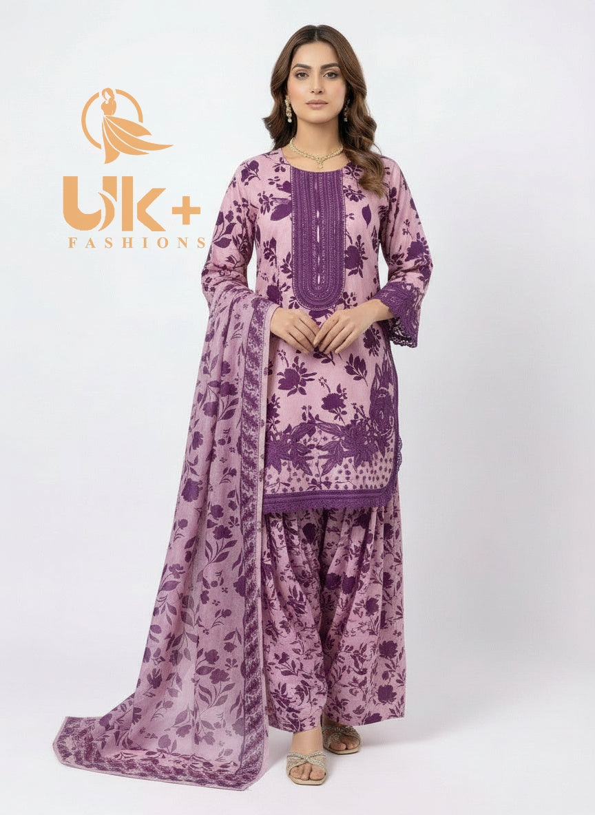 3Pc Bona Dora Printed Shirt, Farshi shalwar, Dupatta