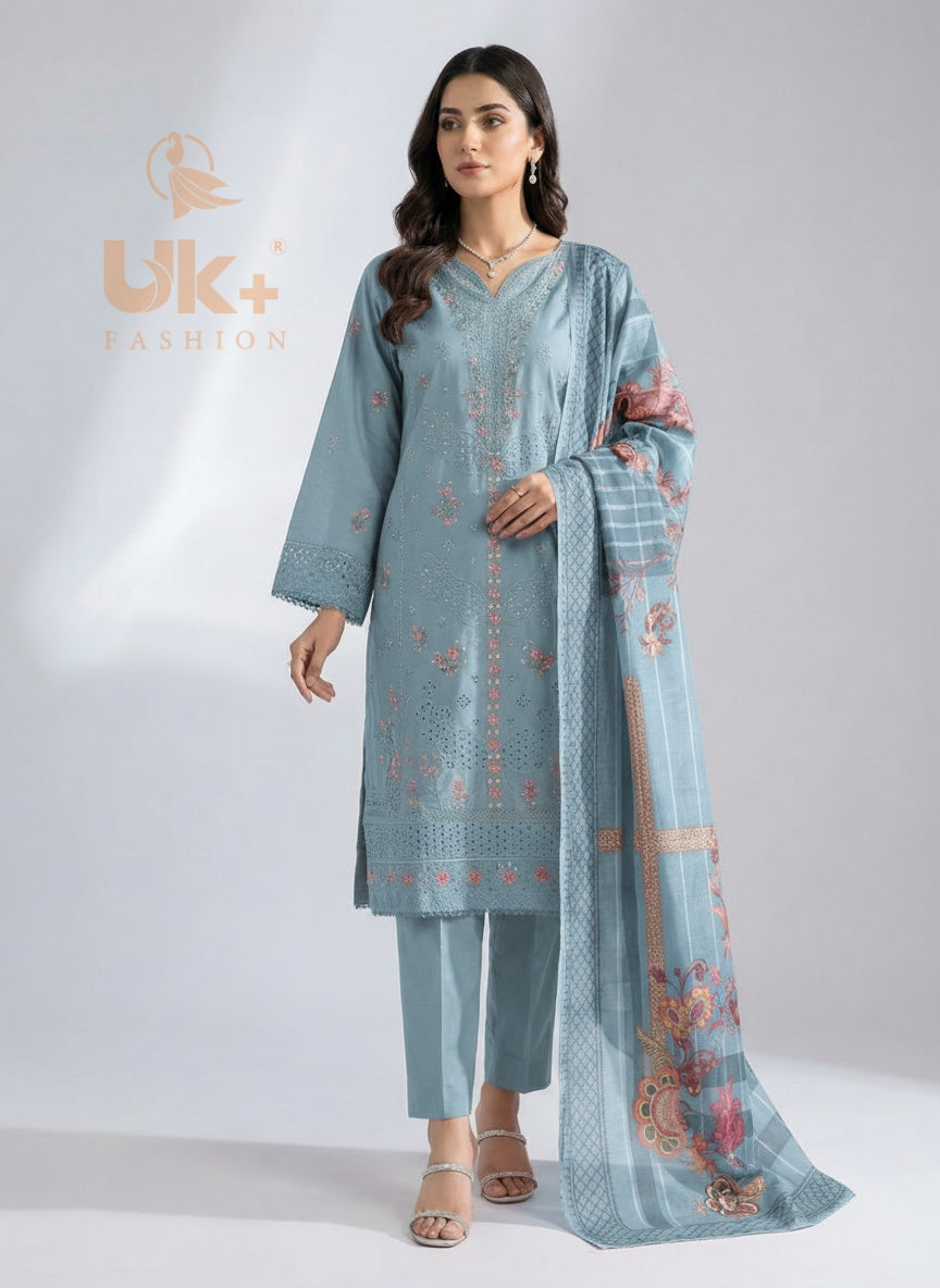 3Pc Embroidered Cotton Shirt, Trouser, Dupatta.