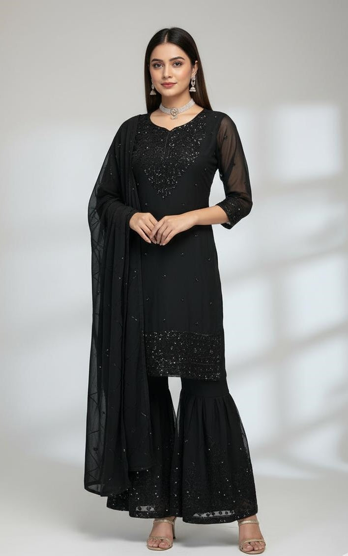 3Pc Embroidered Chiffon Plazo, Shirt, Plazo Dupatta