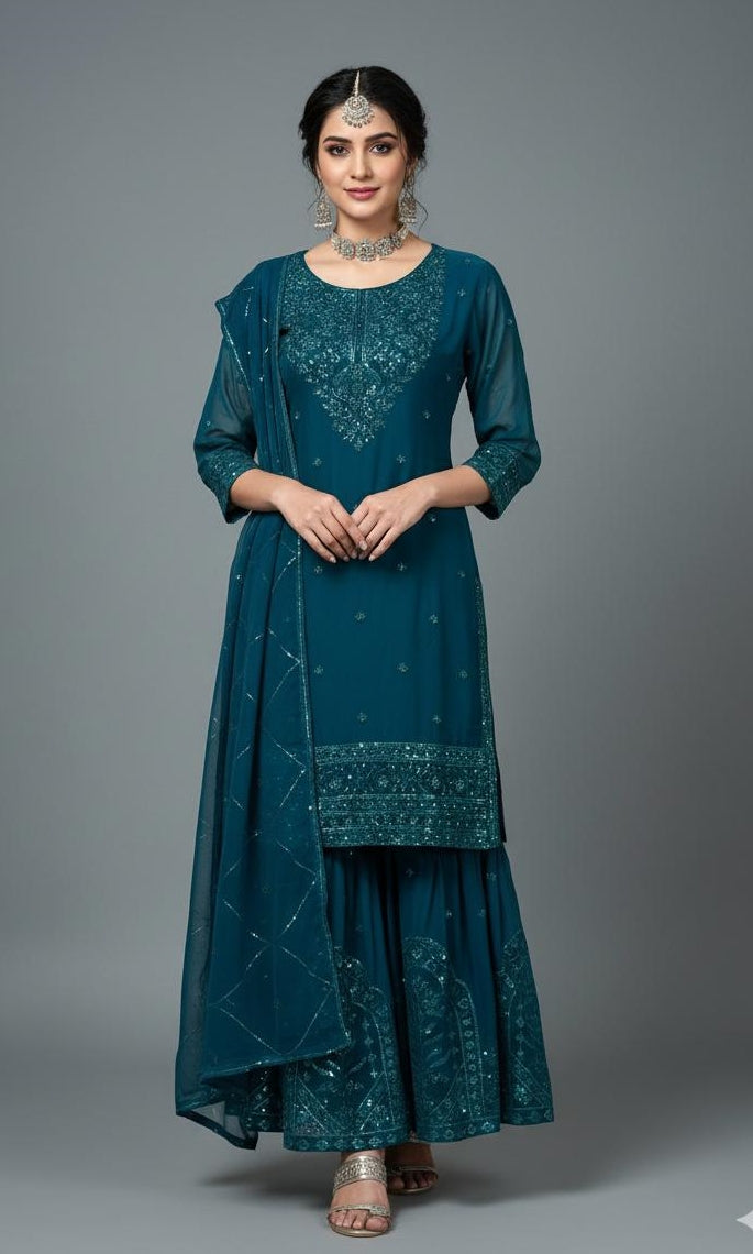 3Pc Embroidered Chiffon Plazo, Shirt, Plazo Dupatta