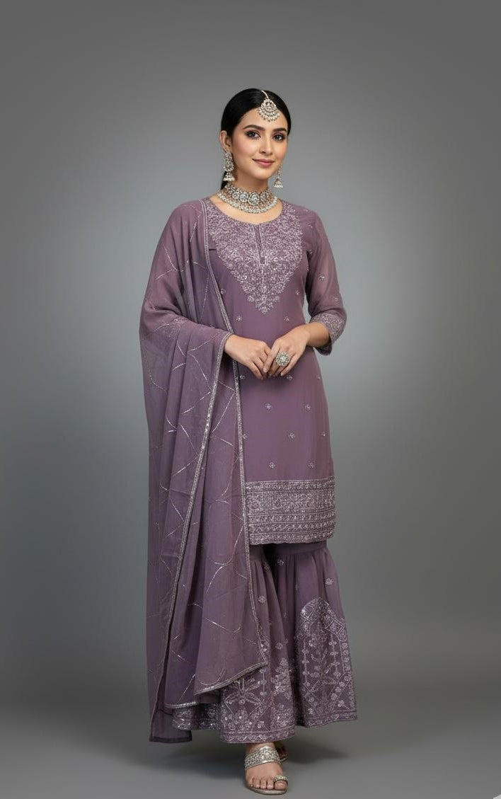 3Pc Embroidered Chiffon Plazo, Shirt, Plazo Dupatta