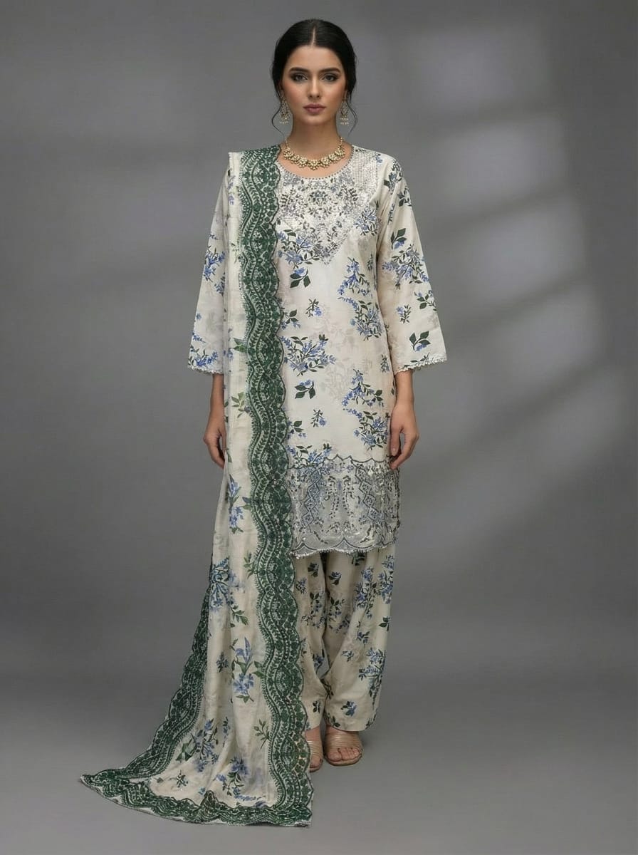 3Pc Embroided Bona Dora: Shirt, Farshi Shalwar, Dupatta