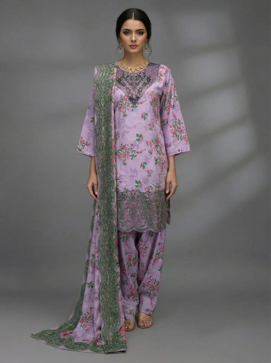 3Pc Embroided Bona Dora: Shirt, Farshi Shalwar, Dupatta