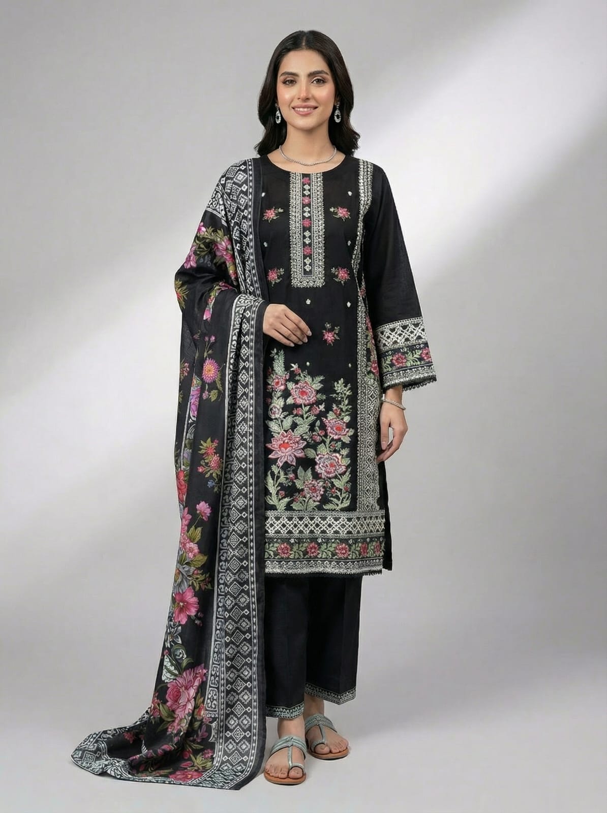 3Pc Embroidered Winter Khaddar, Shirt Shalwar Dupatta