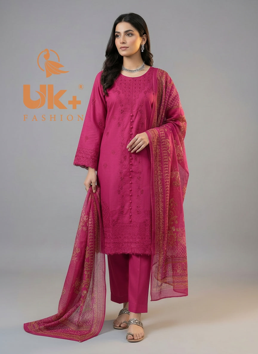 3Pc Embroidered Cotton Shirt, Trouser, Dupatta