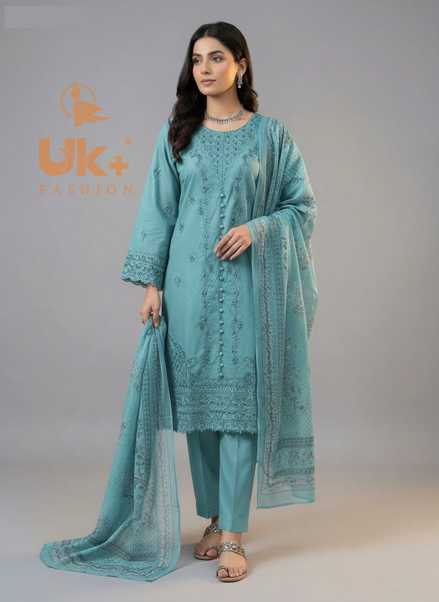 3Pc Embroidered Cotton Shirt, Trouser, Dupatta
