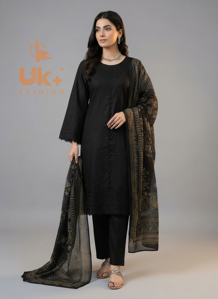 3Pc Embroidered Cotton Shirt, Trouser, Dupatta