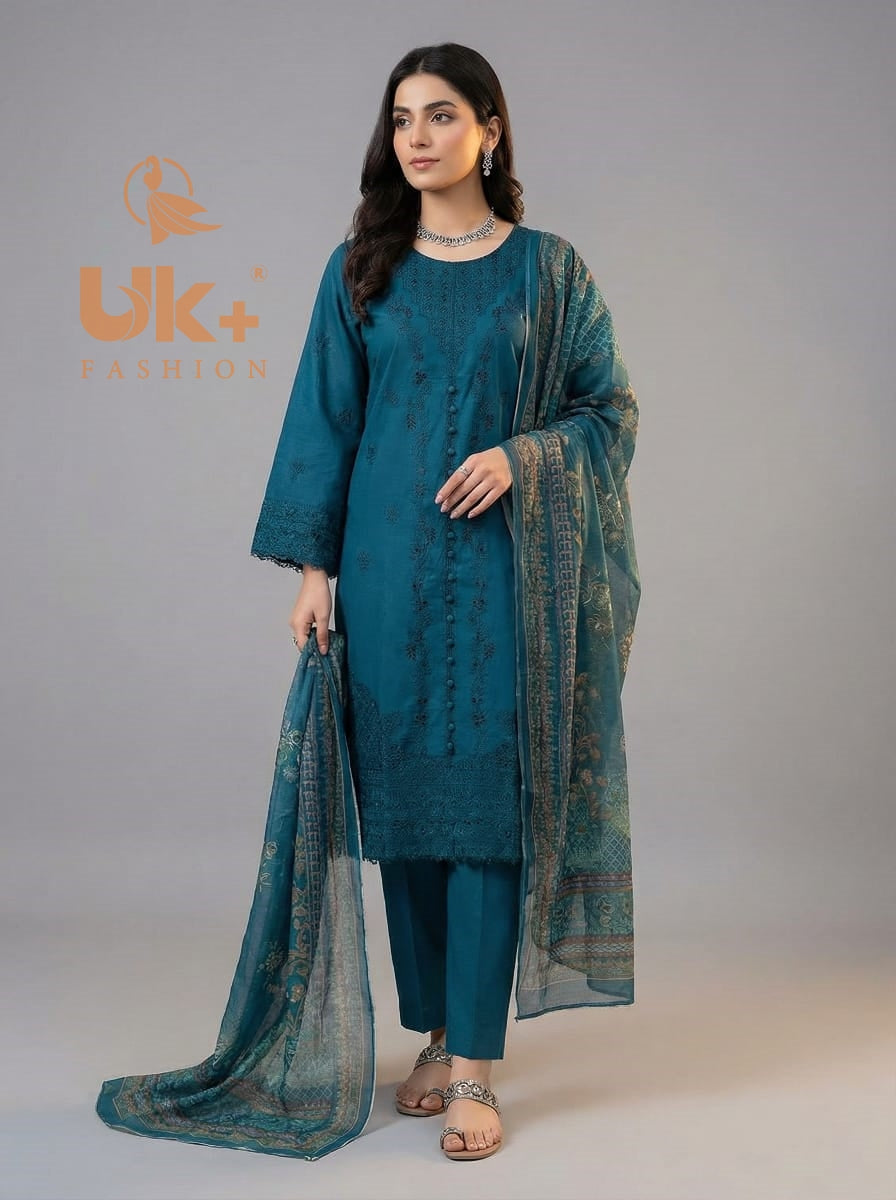 3Pc Embroidered Cotton Shirt, Trouser, Dupatta