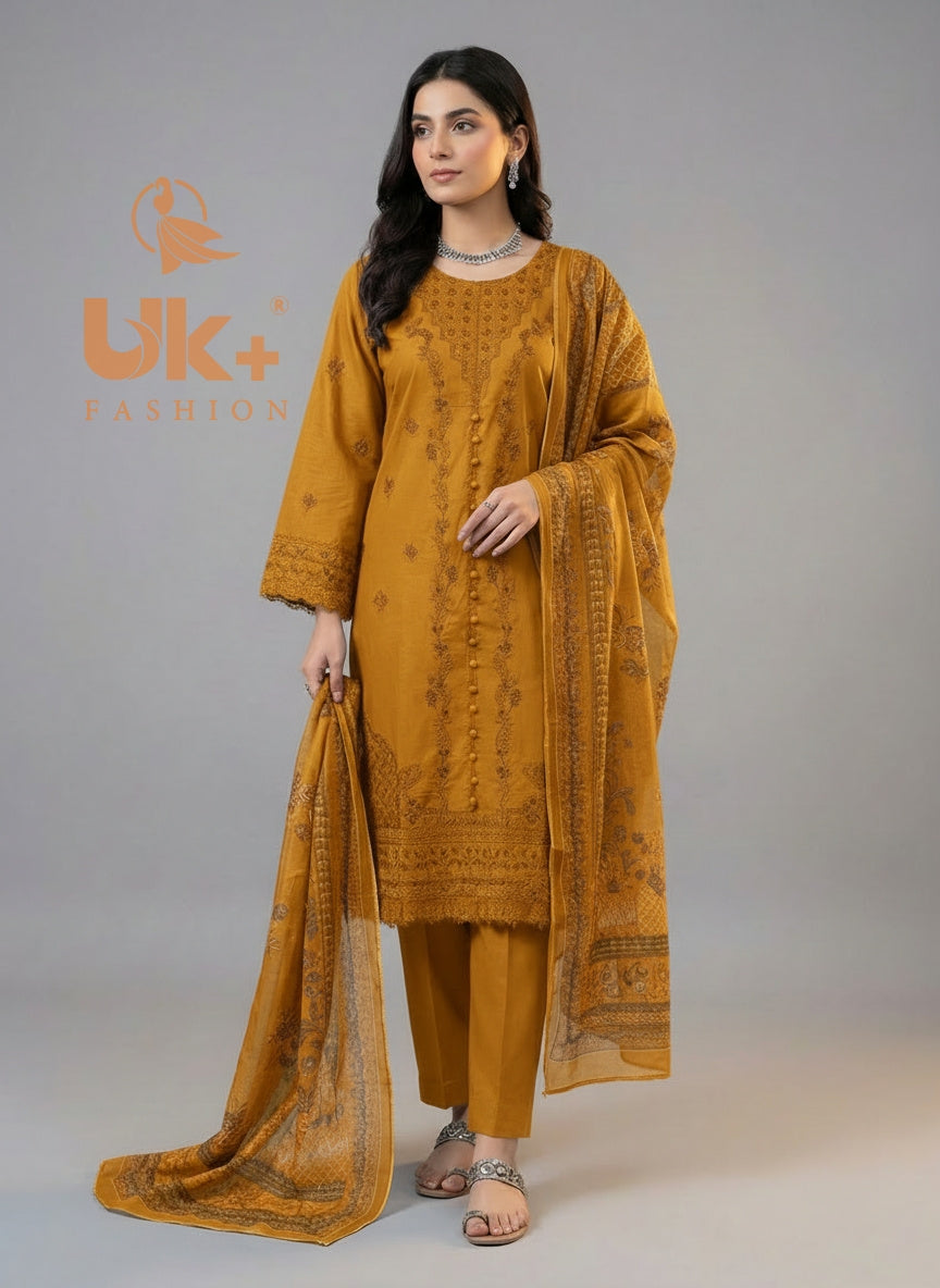 3Pc Embroidered Cotton Shirt, Trouser, Dupatta