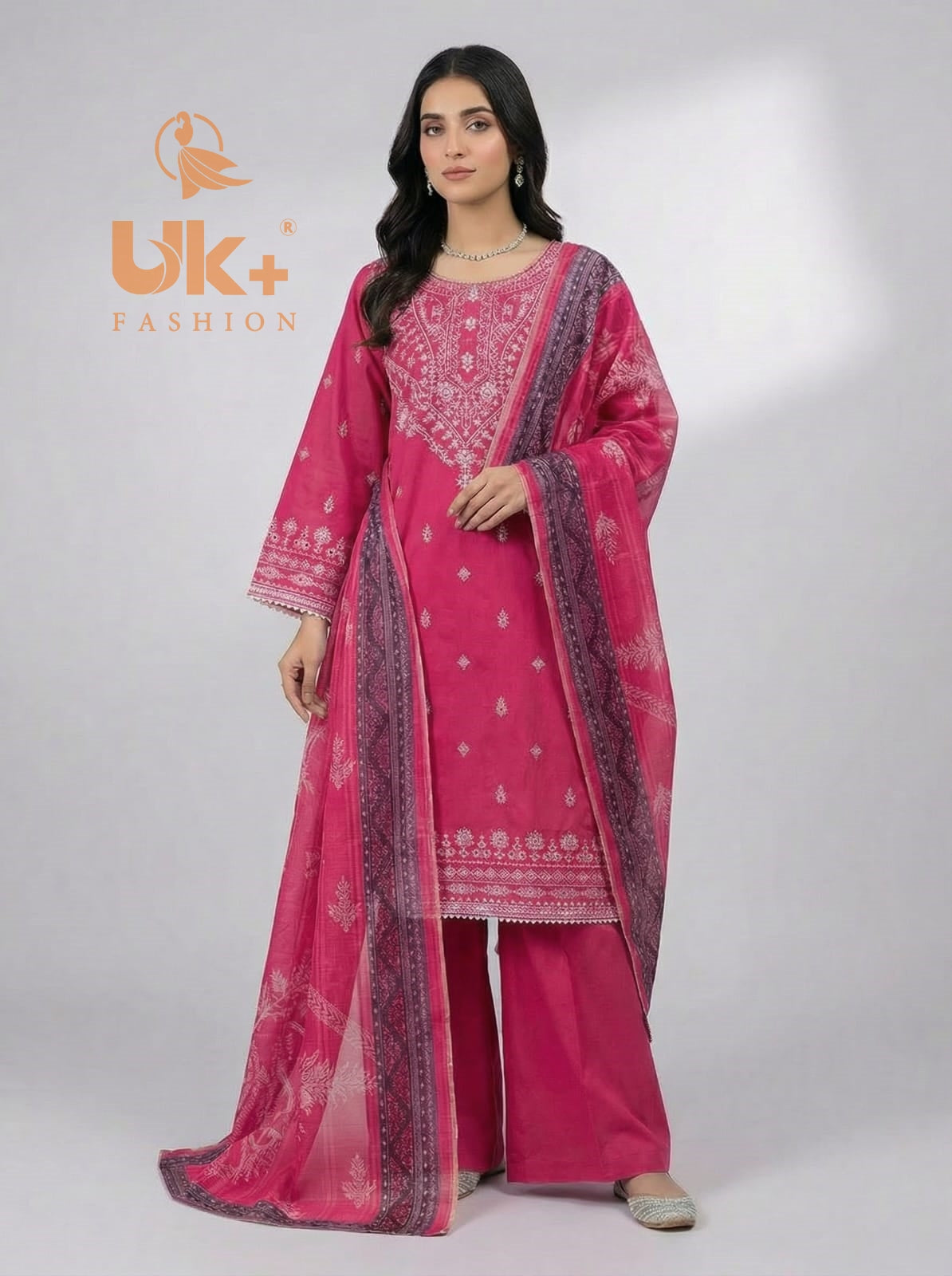 3Pc Embroidered Cotton Shirt, Plazo, Dupatta