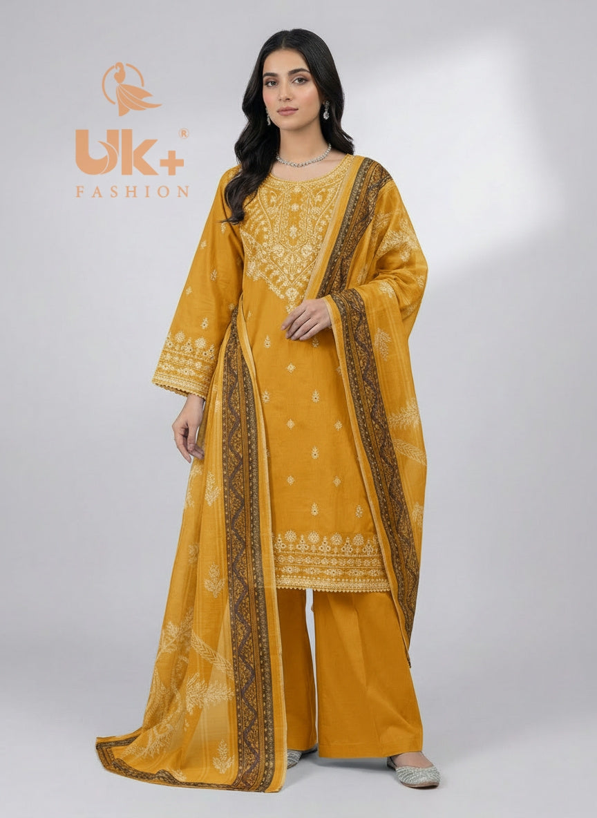 3Pc Embroidered Cotton Shirt, Plazo, Dupatta