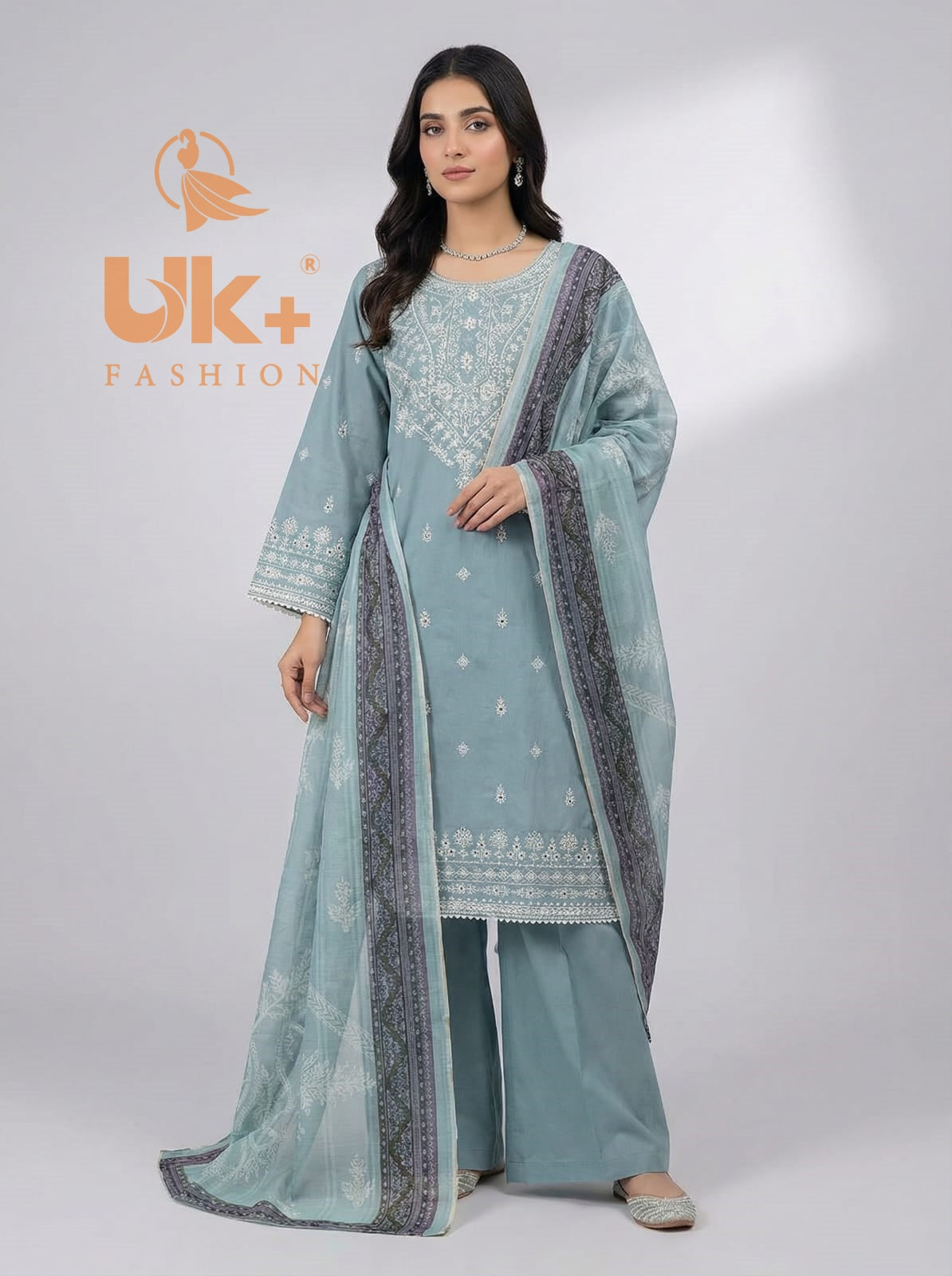 3Pc Embroidered Cotton Shirt, Plazo, Dupatta