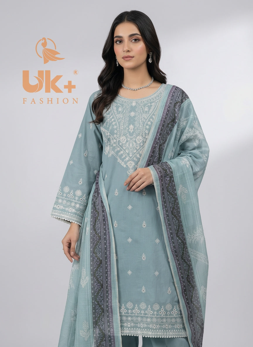 3Pc Embroidered Cotton Shirt, Plazo, Dupatta