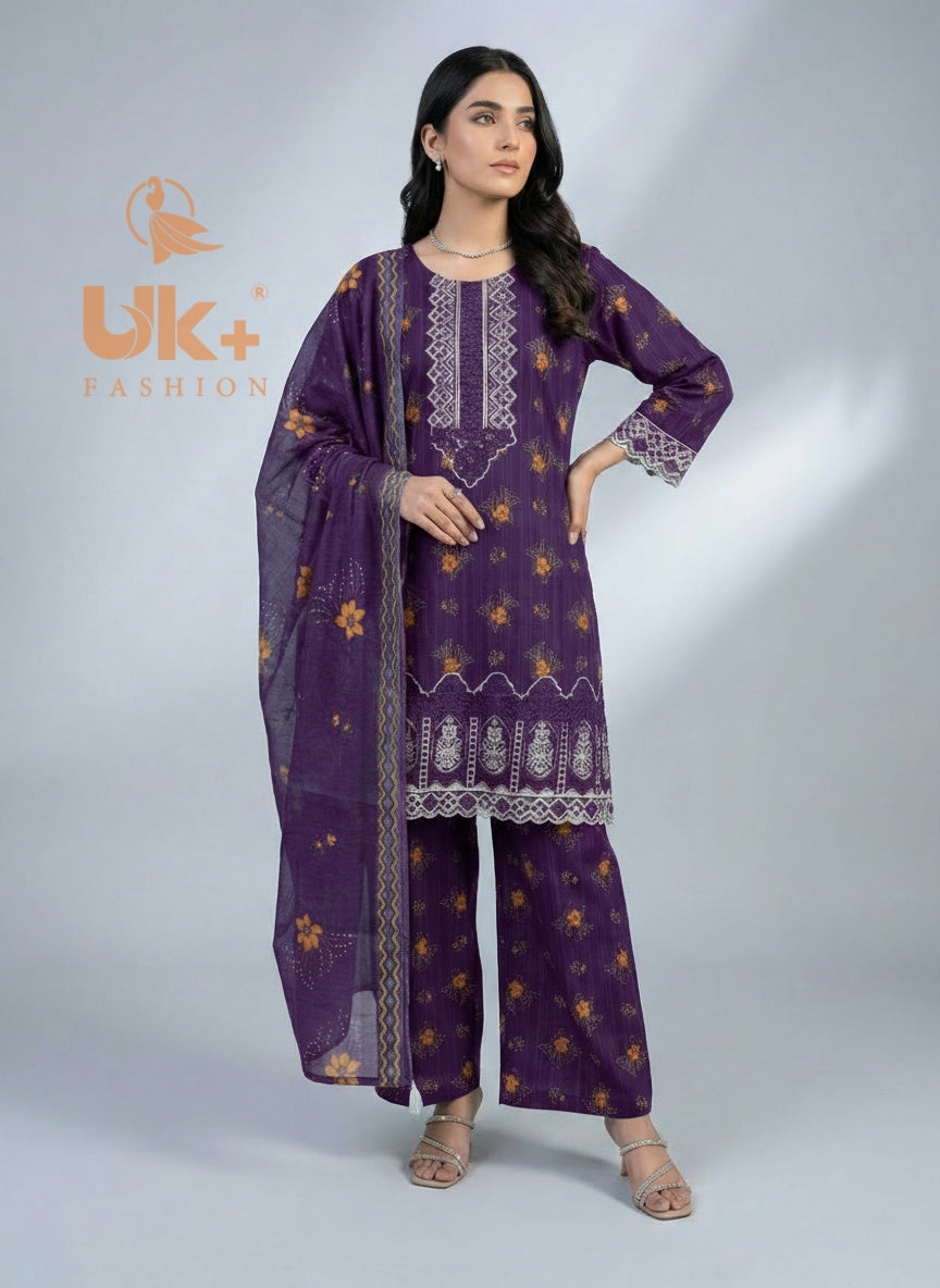 3Pc Embroidered Bana Dora Shirt, Plazo, Dupatta