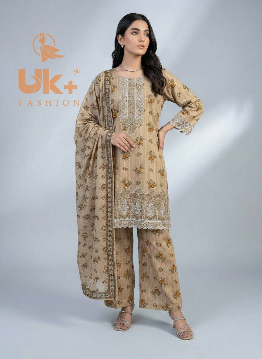 3Pc Embroidered Bana Dora Shirt, Plazo, Dupatta