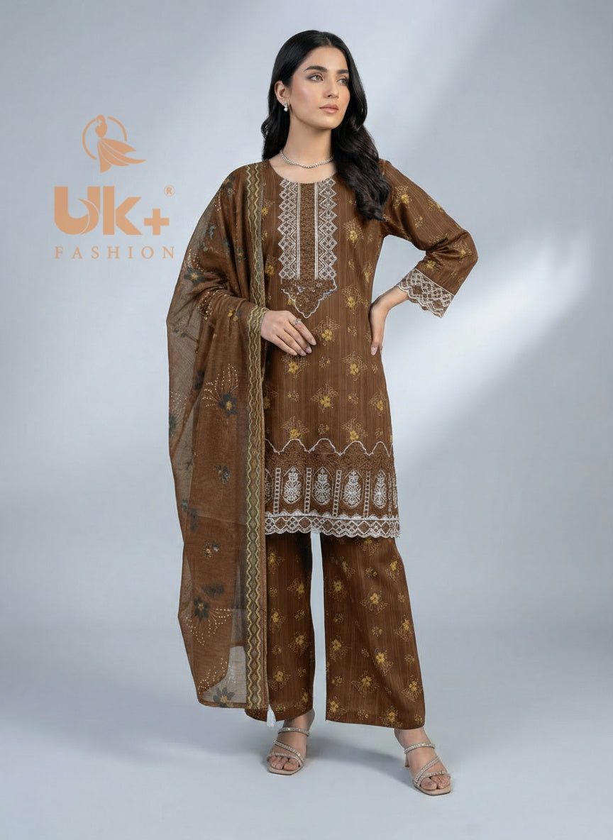 3Pc Embroidered Bana Dora Shirt, Plazo, Dupatta