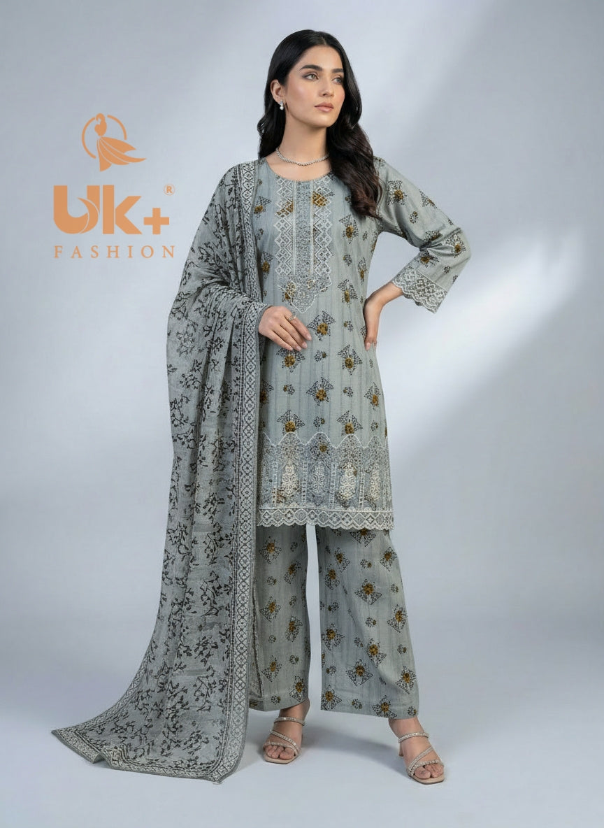 3Pc Embroidered Bana Dora Shirt, Plazo, Dupatta