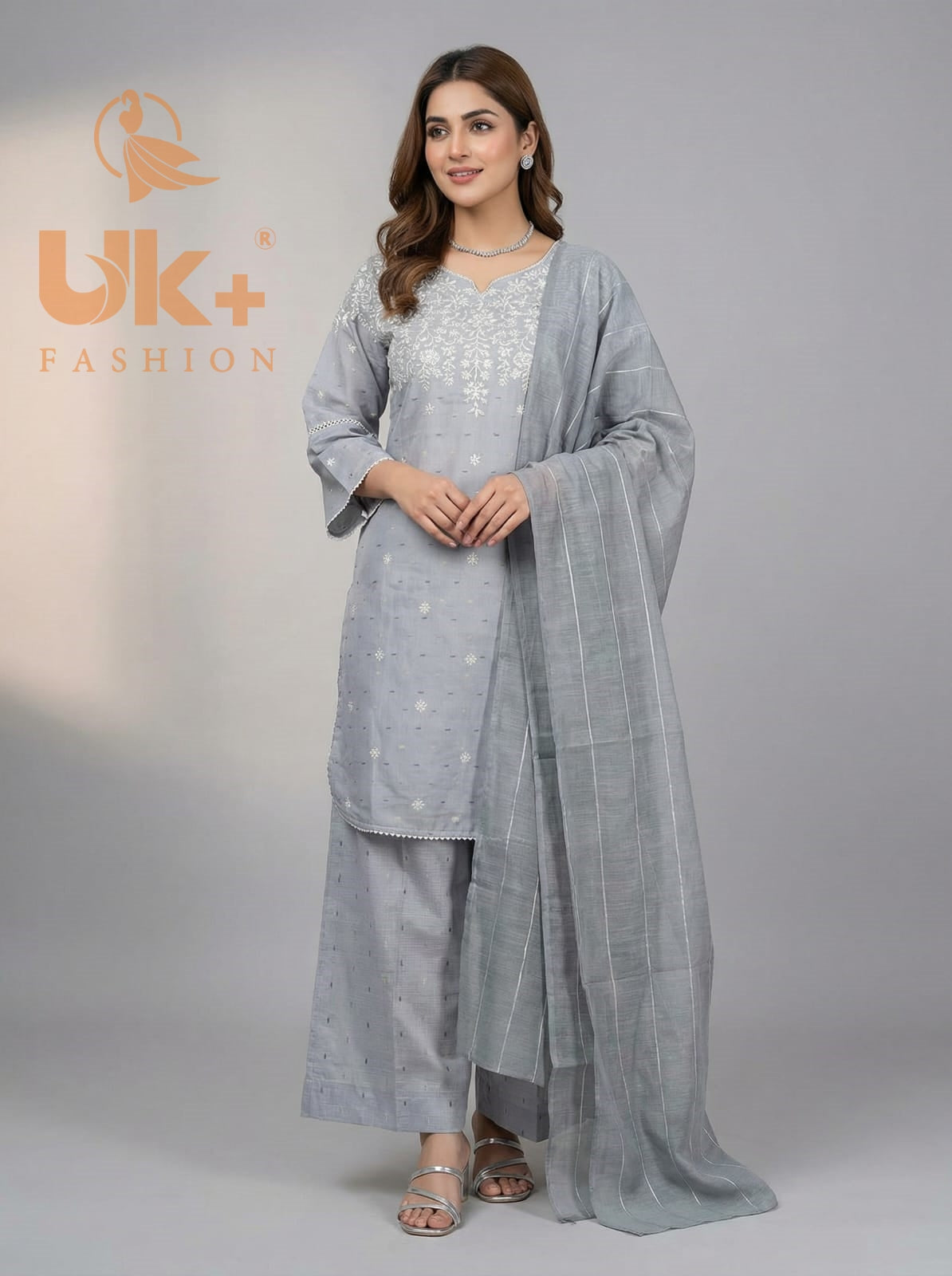 3Pc Embroidered Cotton Shirt, Farshi Shalwar, Dupatta