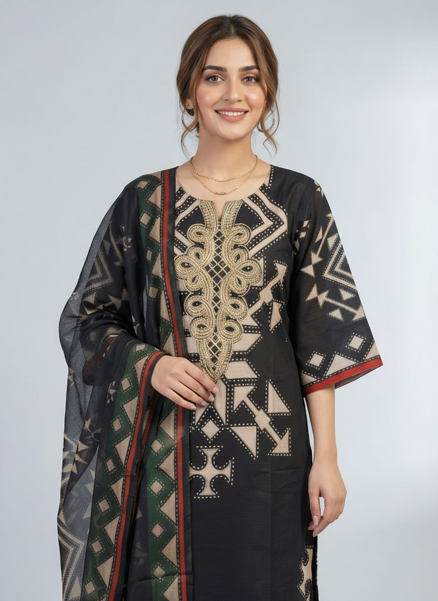 3Pc Embroidered Bana Dora, Trouser, Dupatta