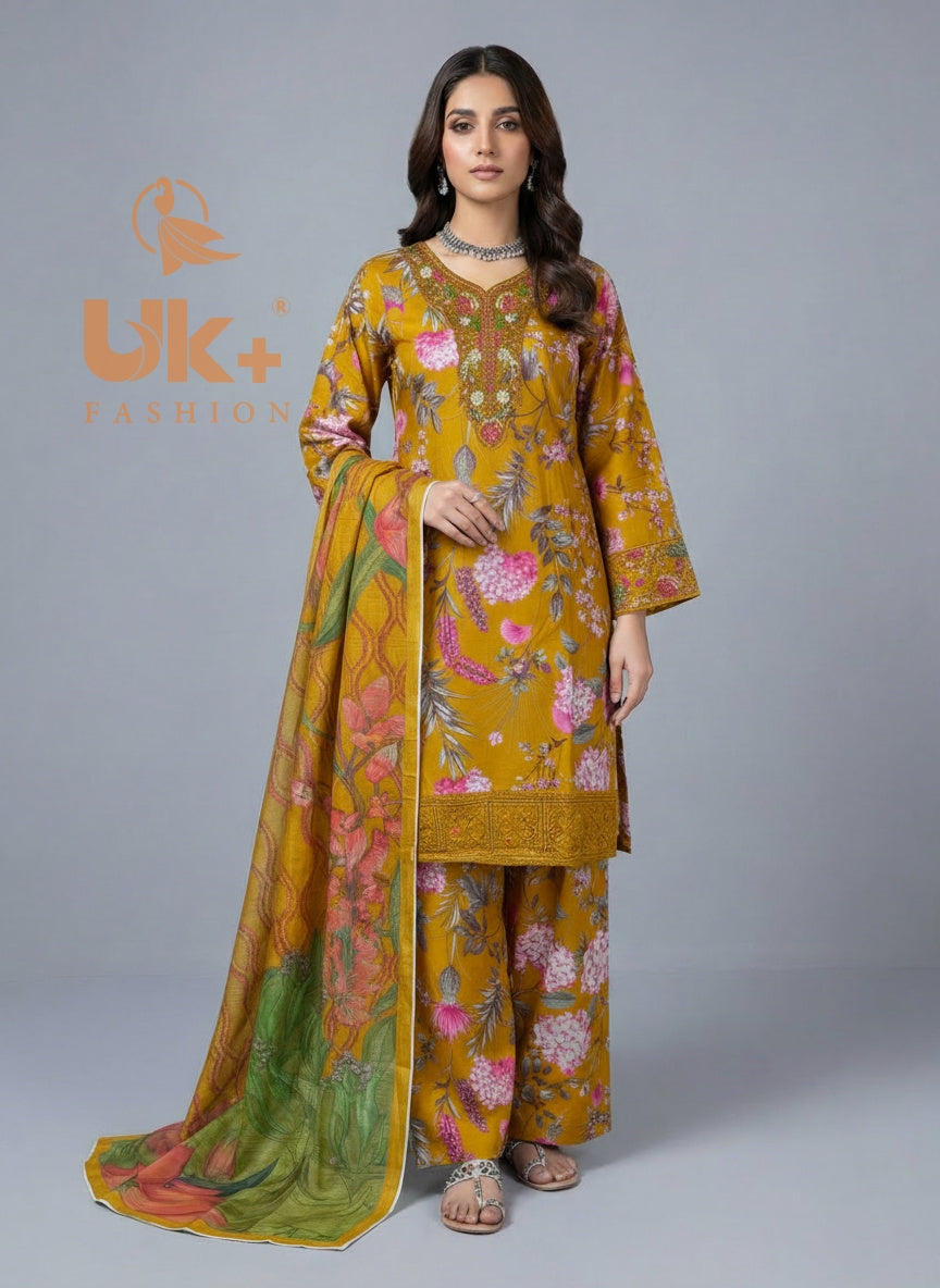 3Pc Embroidered Bana Dora Shirt, Farshi Shalwar, Dupatta