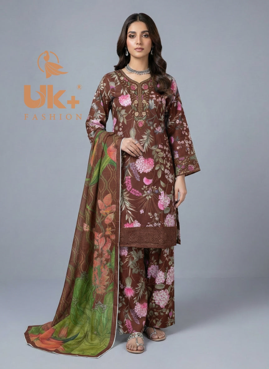 3Pc Embroidered Bana Dora Shirt, Farshi Shalwar, Dupatta