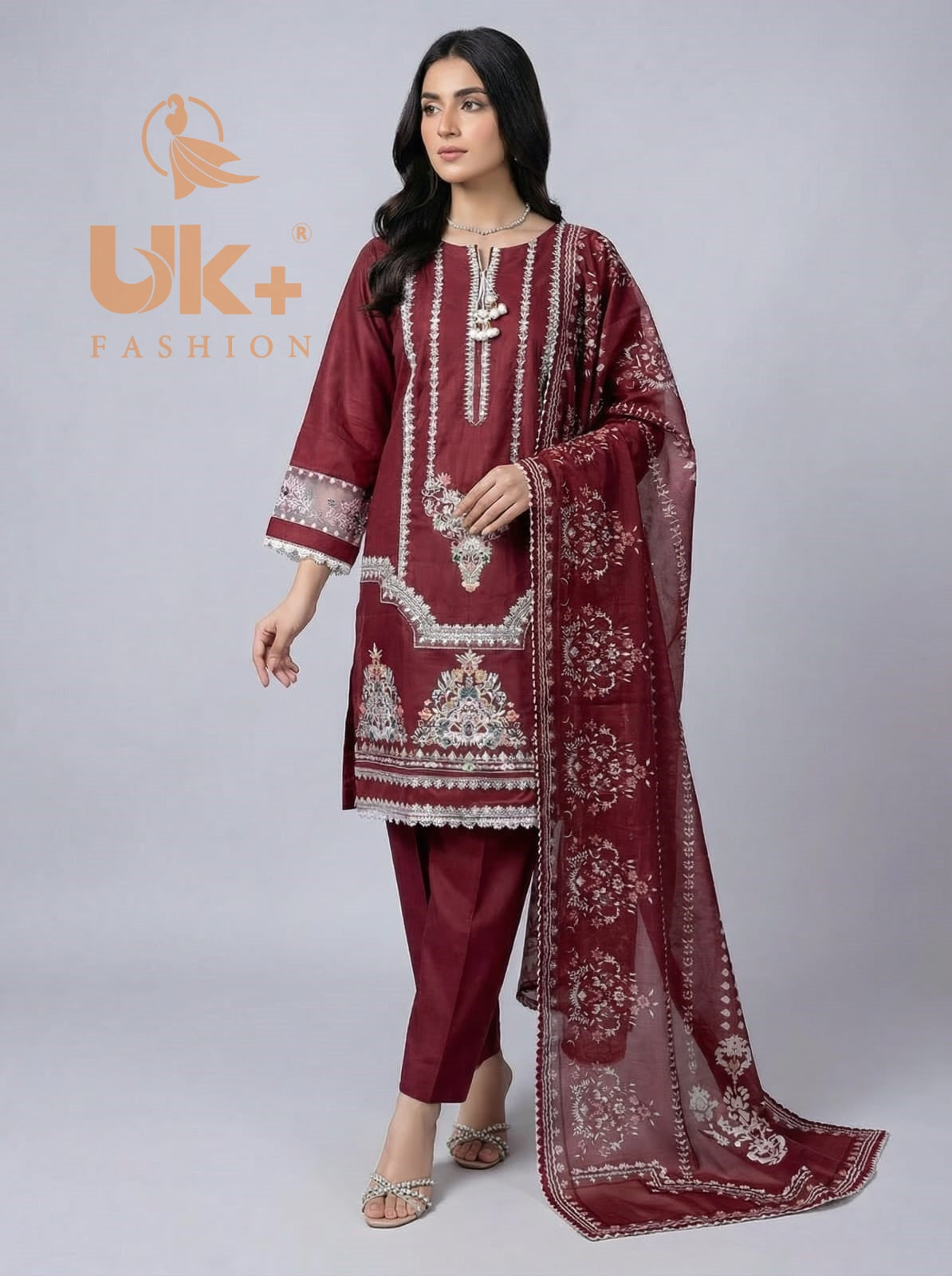 3Pc Embroidered Cotton Shirt, Trouser, Dupatta