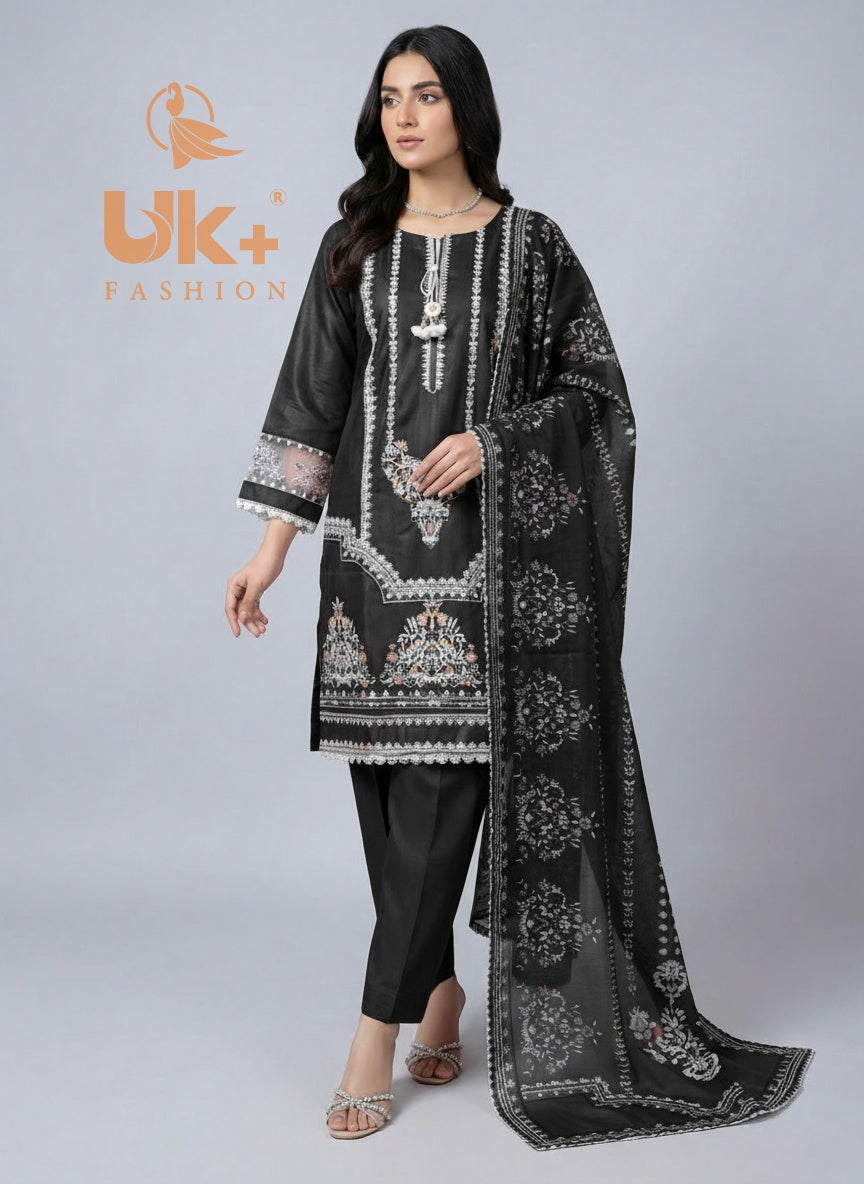 3Pc Embroidered Cotton Shirt, Trouser, Dupatta