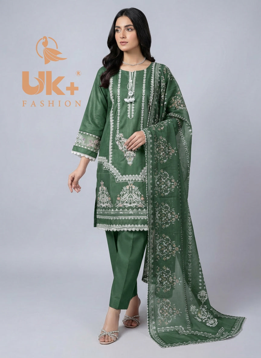 3Pc Embroidered Cotton Shirt, Trouser, Dupatta