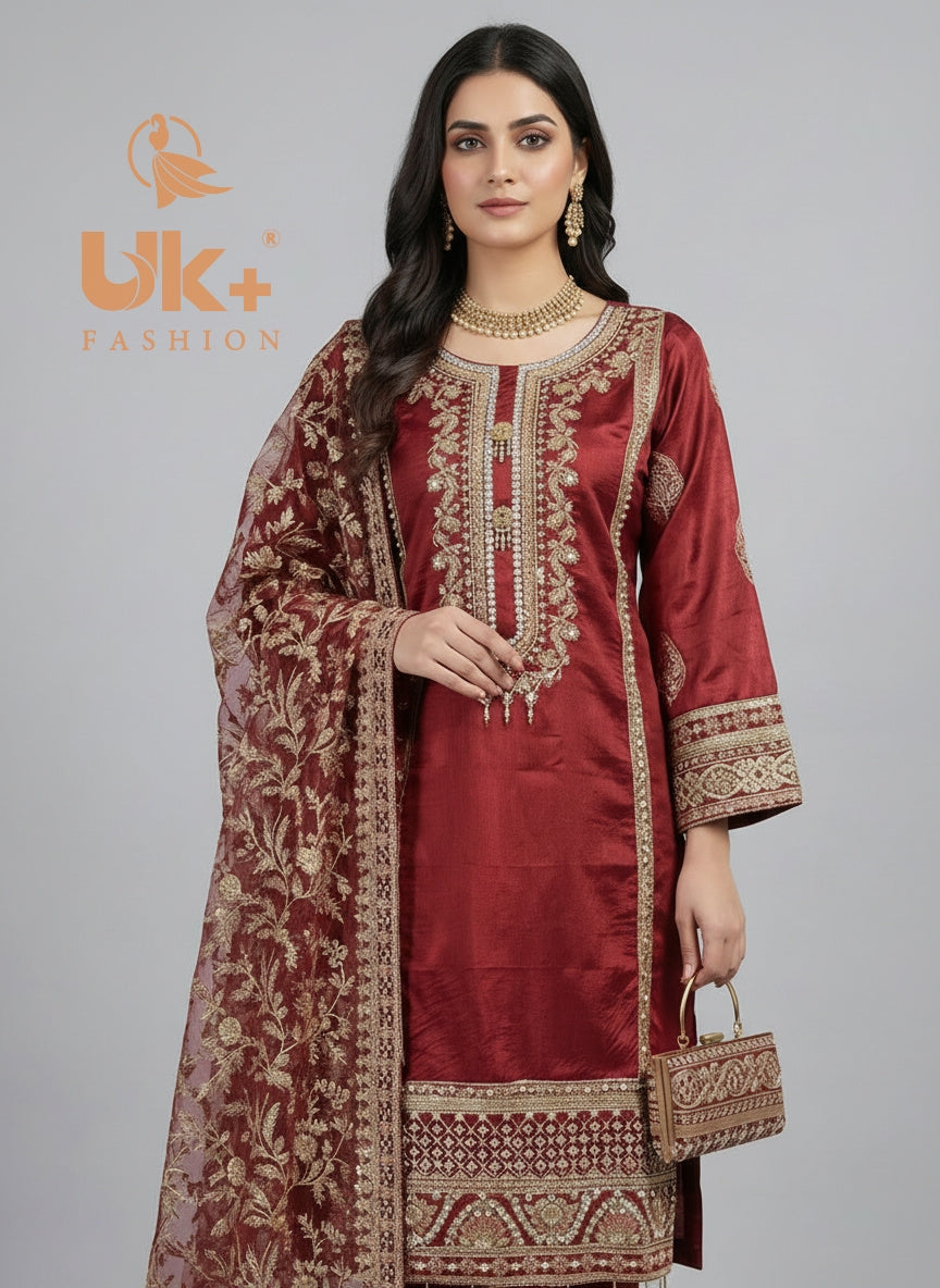 3 Pc Embroidered Kattan Silk Shirt, Trouser, Dupatta , Clutch