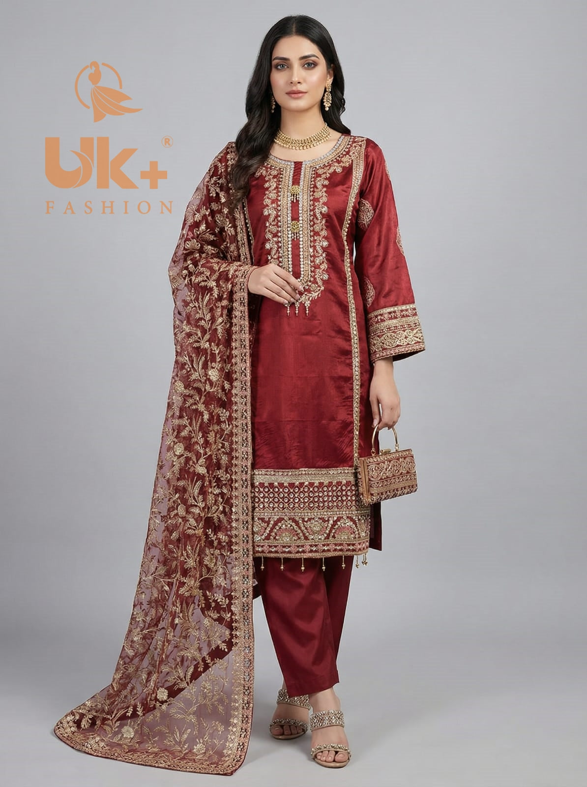 3 Pc Embroidered Kattan Silk Shirt, Trouser, Dupatta , Clutch