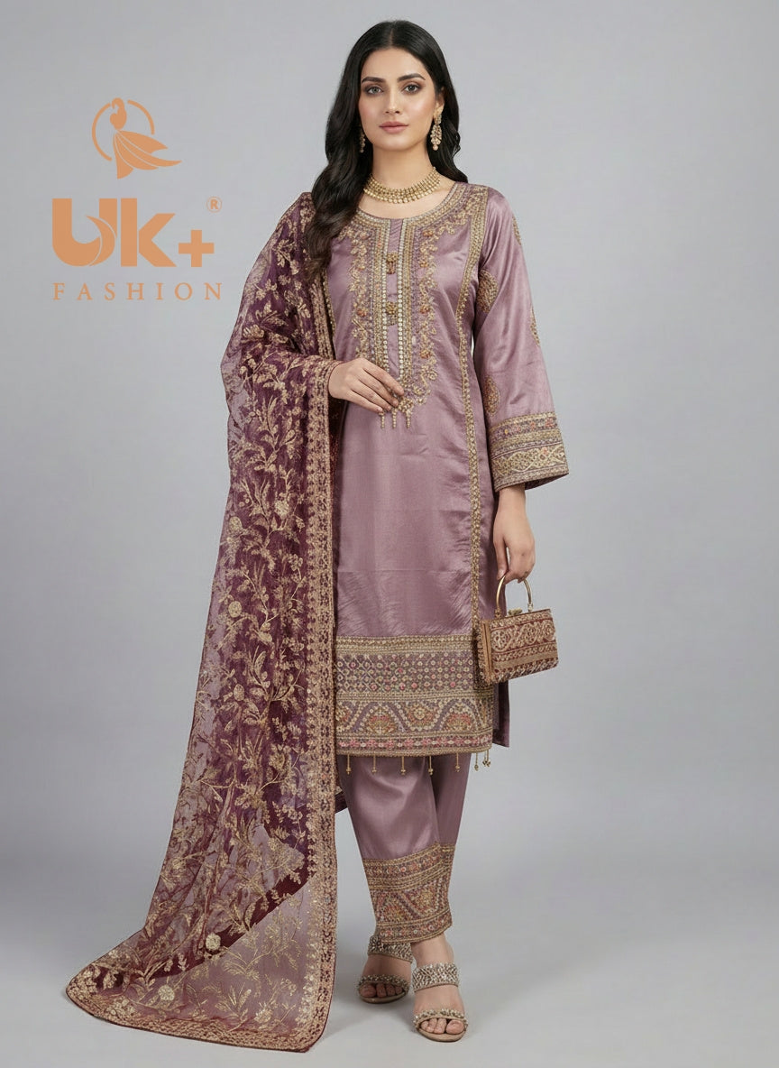 3 Pc Embroidered Kattan Silk Shirt, Trouser, Dupatta , Clutch