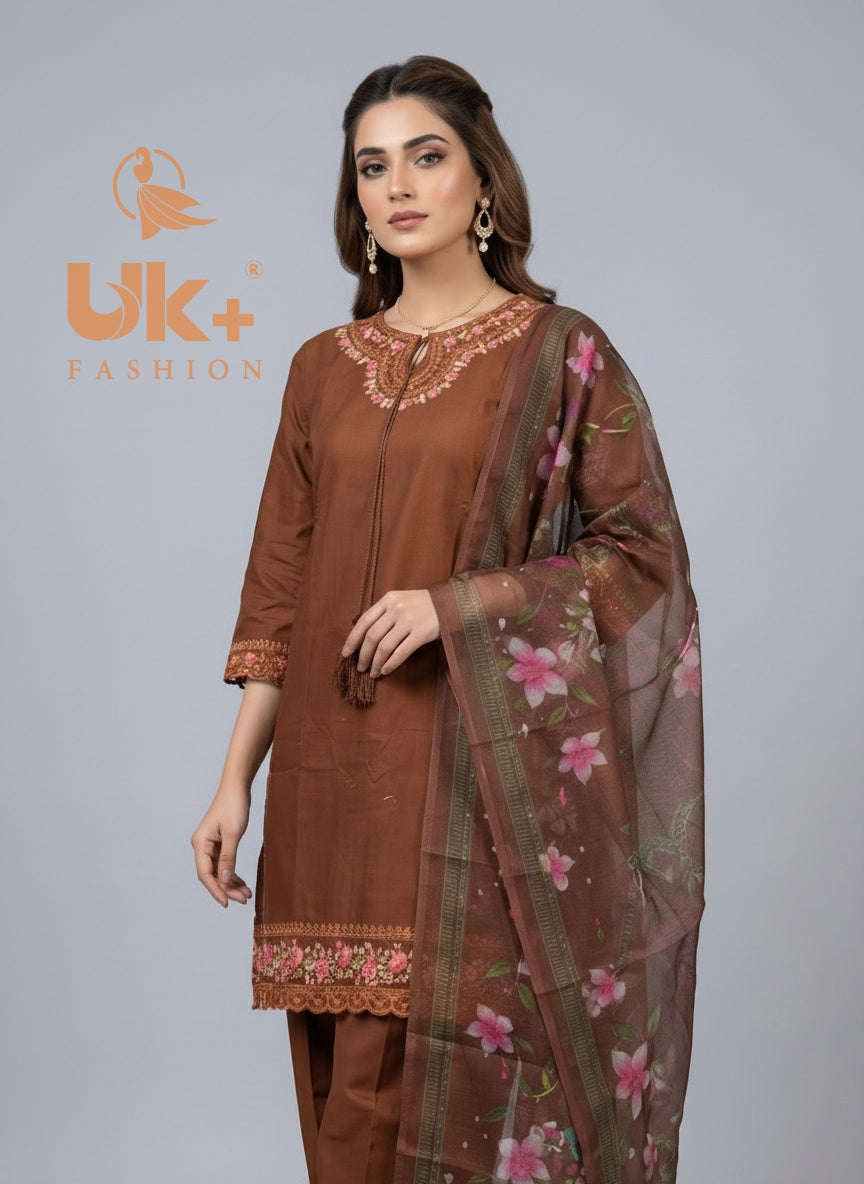3Pc Embroidered Cotton Shirt, Farshi shalwar, Dupatta