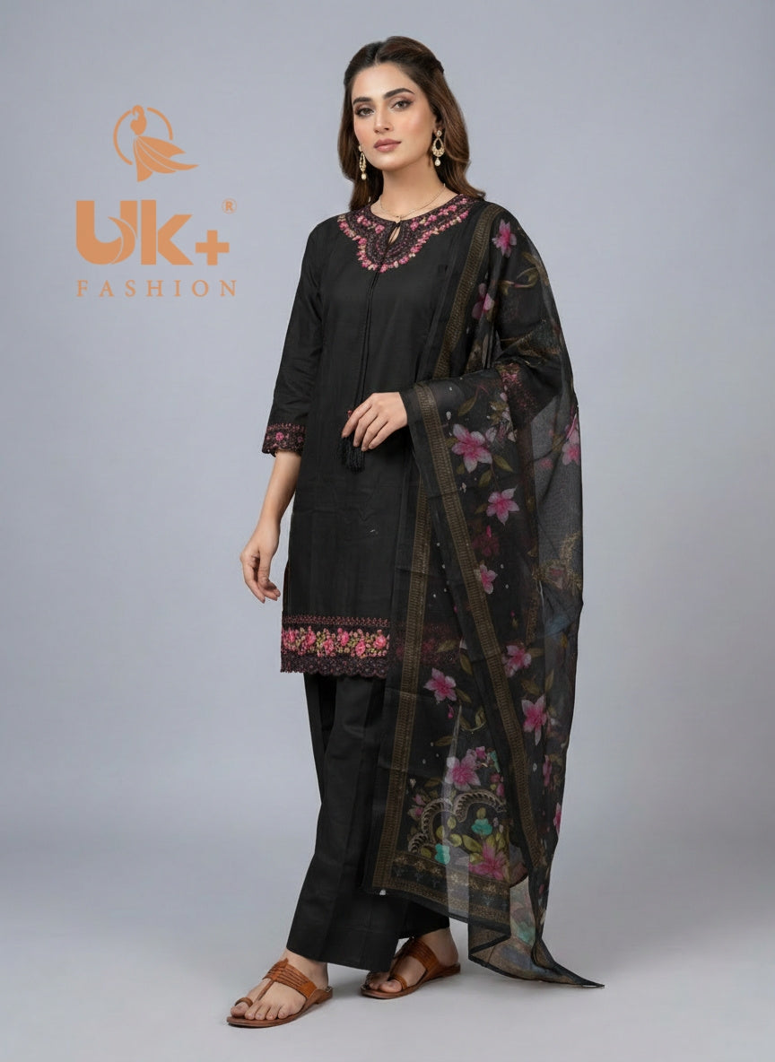 3Pc Embroidered Cotton Shirt, Farshi shalwar, Dupatta