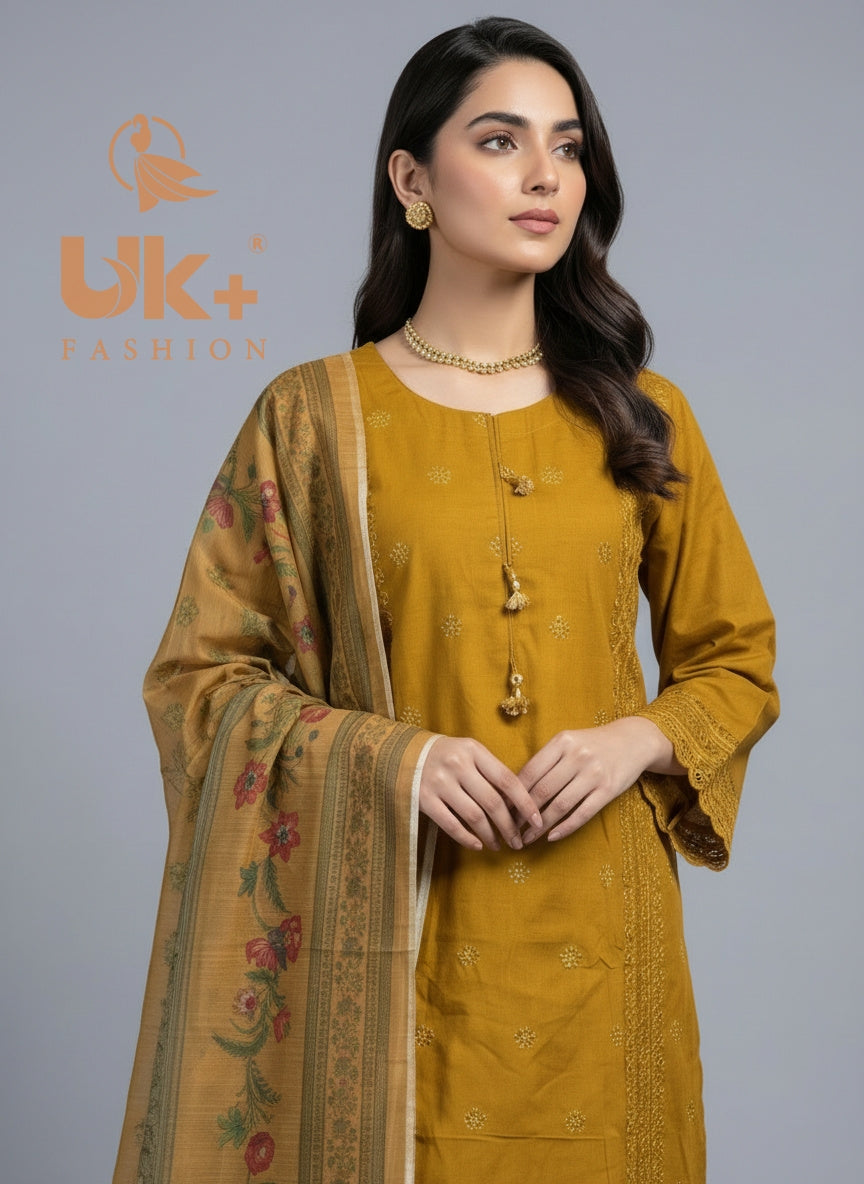 3Pc Embroidered Cotton Shirt, Trouser, Dupatta