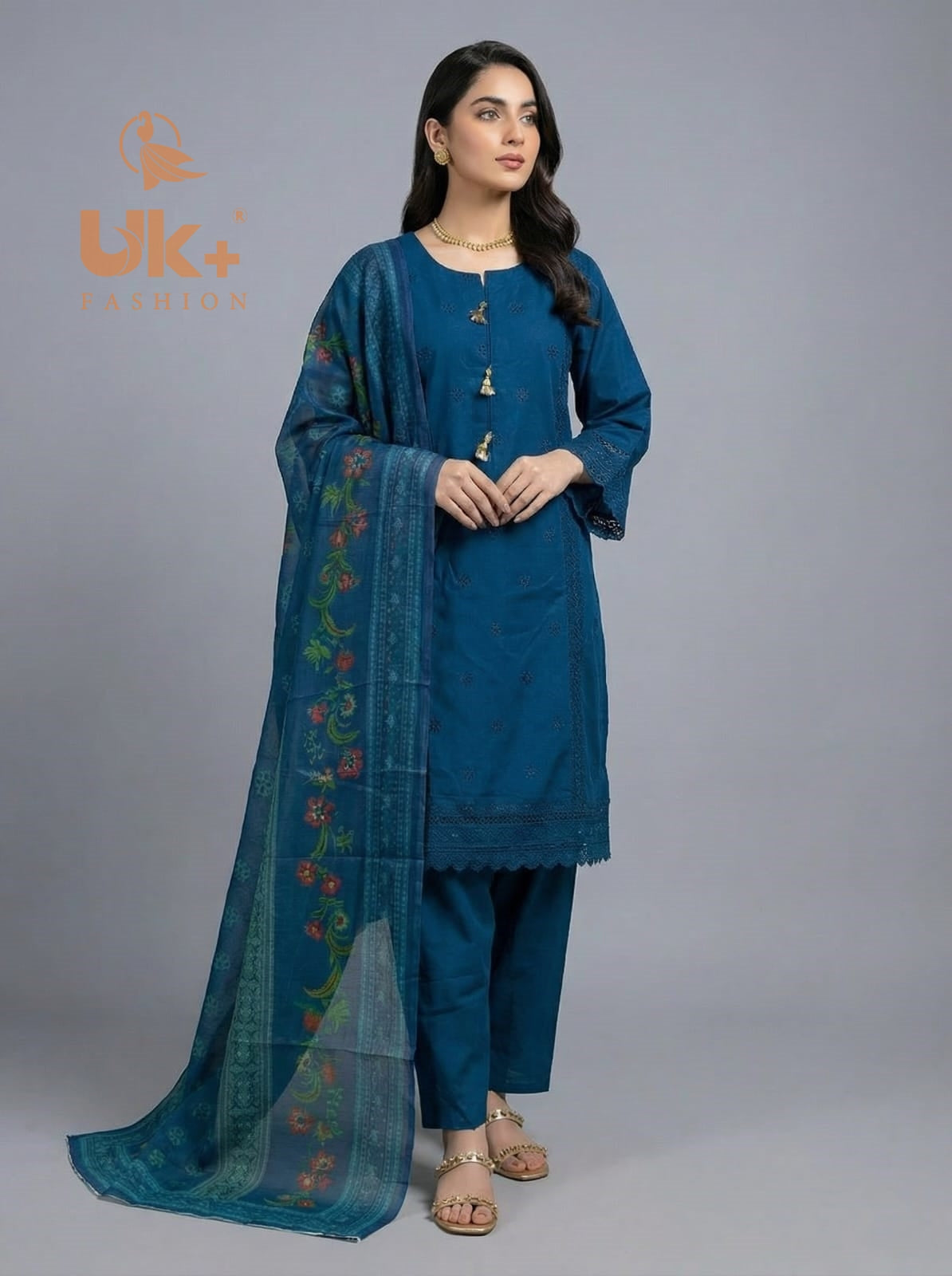 3Pc Embroidered Cotton Shirt, Trouser, Dupatta
