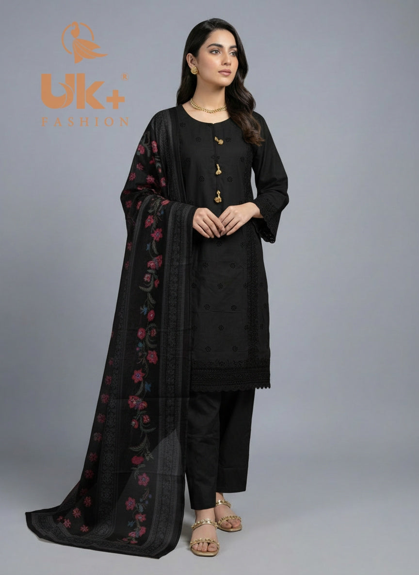 3Pc Embroidered Cotton Shirt, Trouser, Dupatta