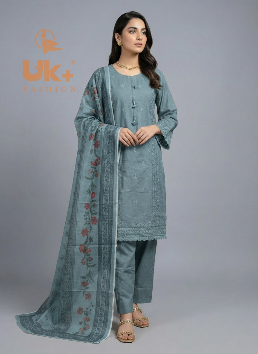 3Pc Embroidered Cotton Shirt, Trouser, Dupatta