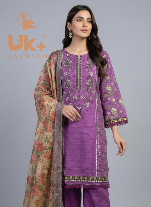 3Pc Printed Lawn Shirt, Plazo, Dupatta