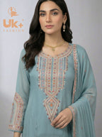 3Pc Embroidered Chiffon Shirt, Farshi Shalwar, Dupatta