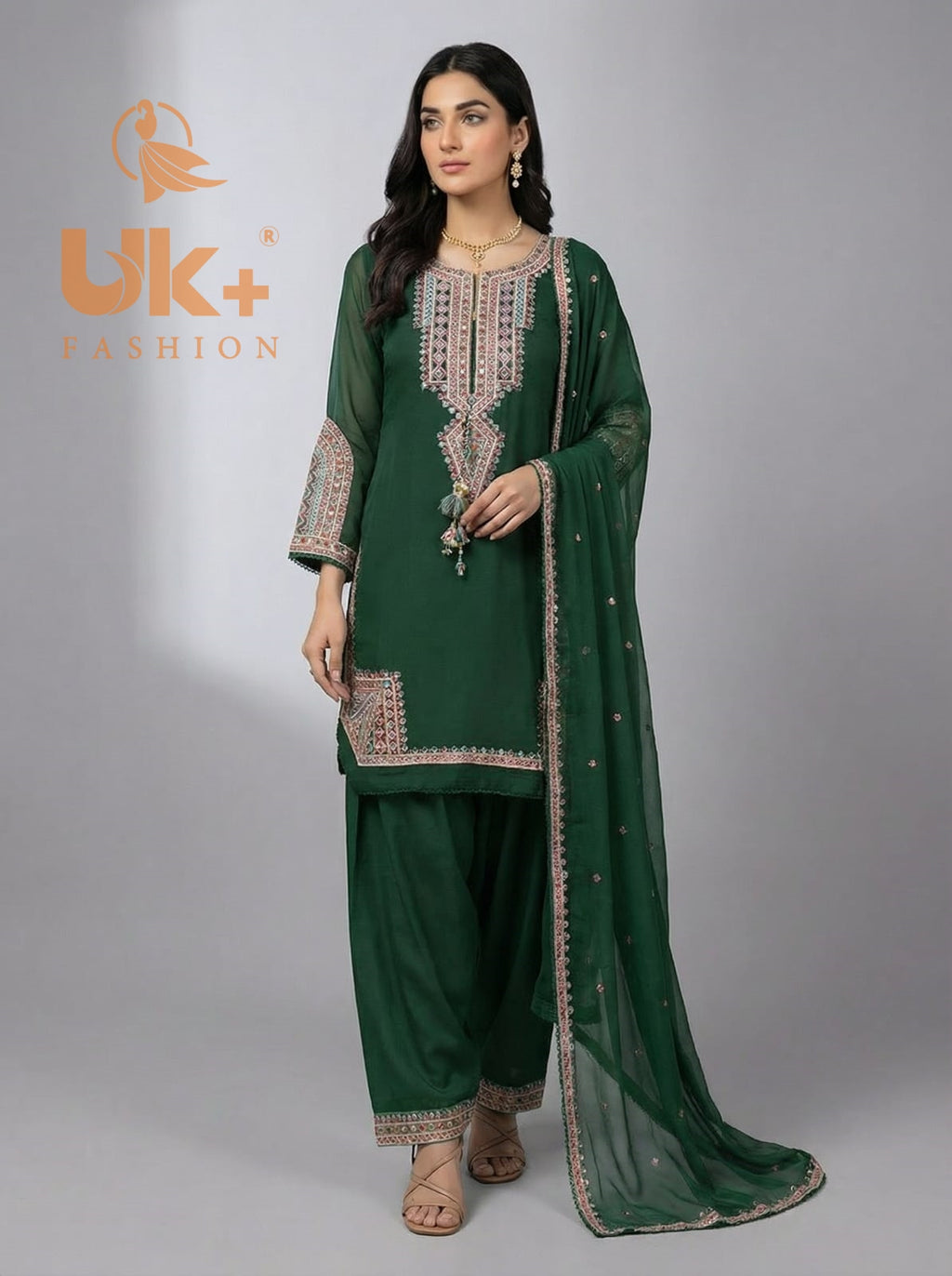 3Pc Embroidered Chiffon Shirt, Farshi Shalwar, Dupatta