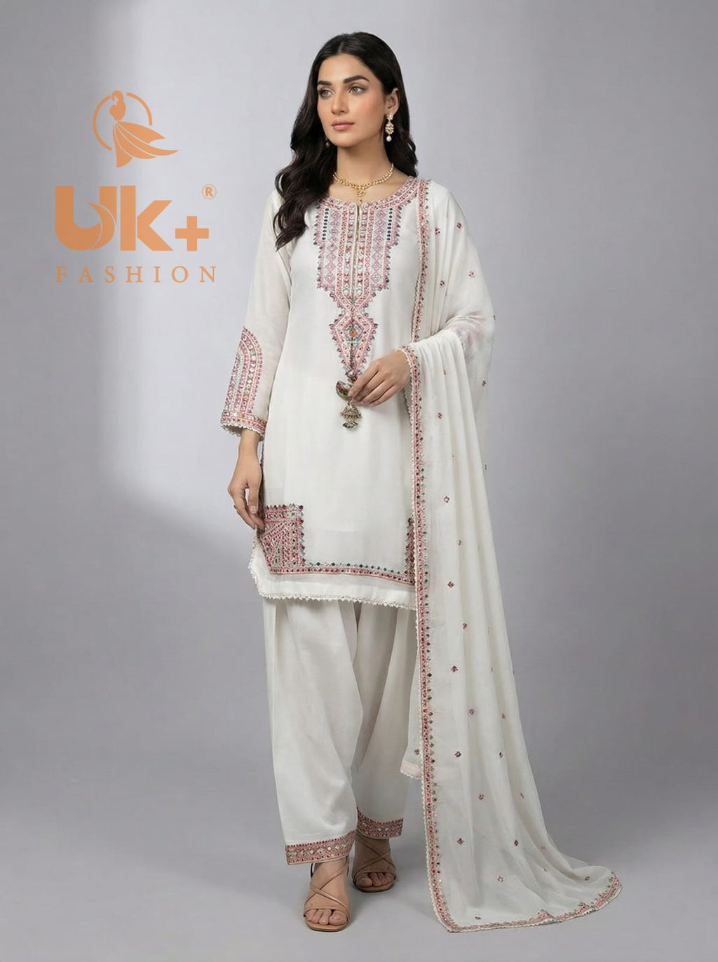 3Pc Embroidered Chiffon Shirt, Farshi Shalwar, Dupatta