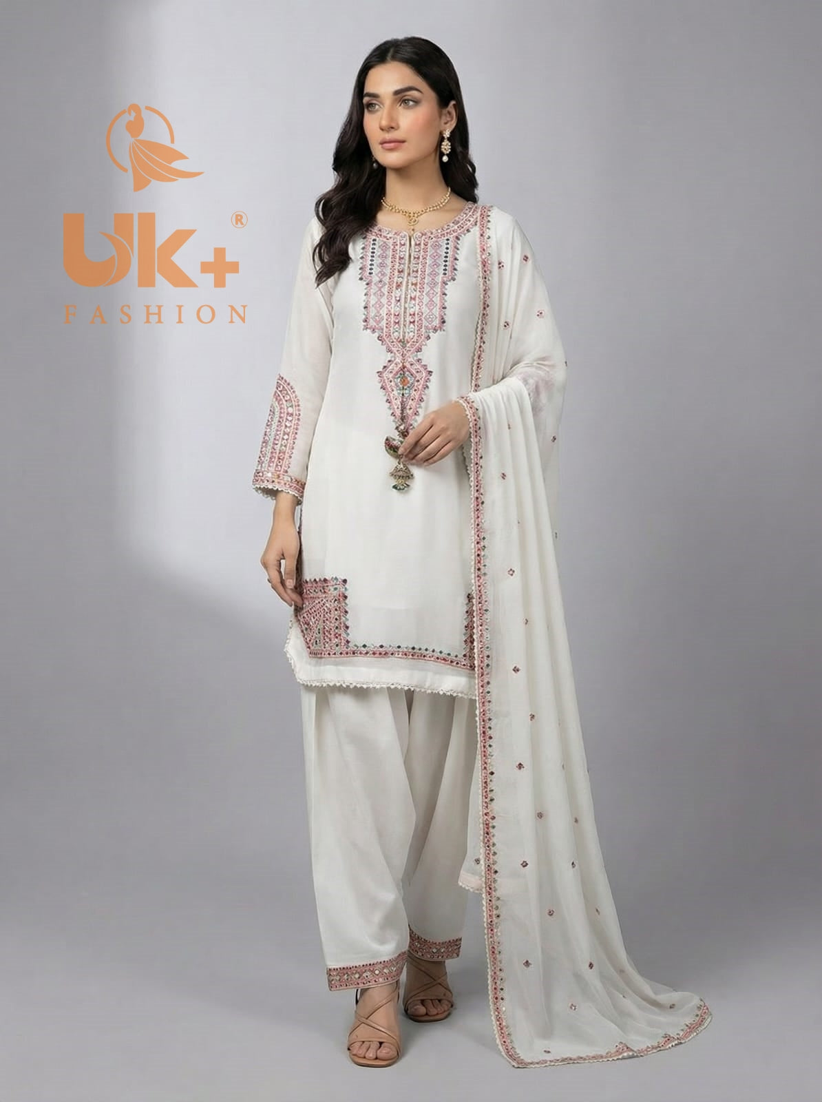 3Pc Embroidered Chiffon Shirt, Farshi Shalwar, Dupatta