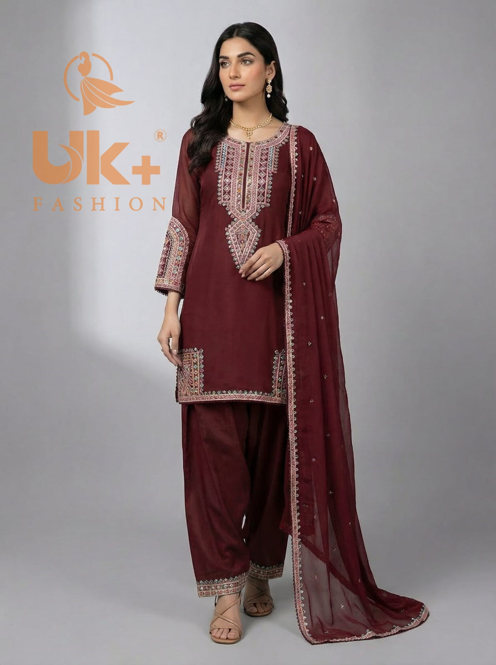 3Pc Embroidered Chiffon Shirt, Farshi Shalwar, Dupatta