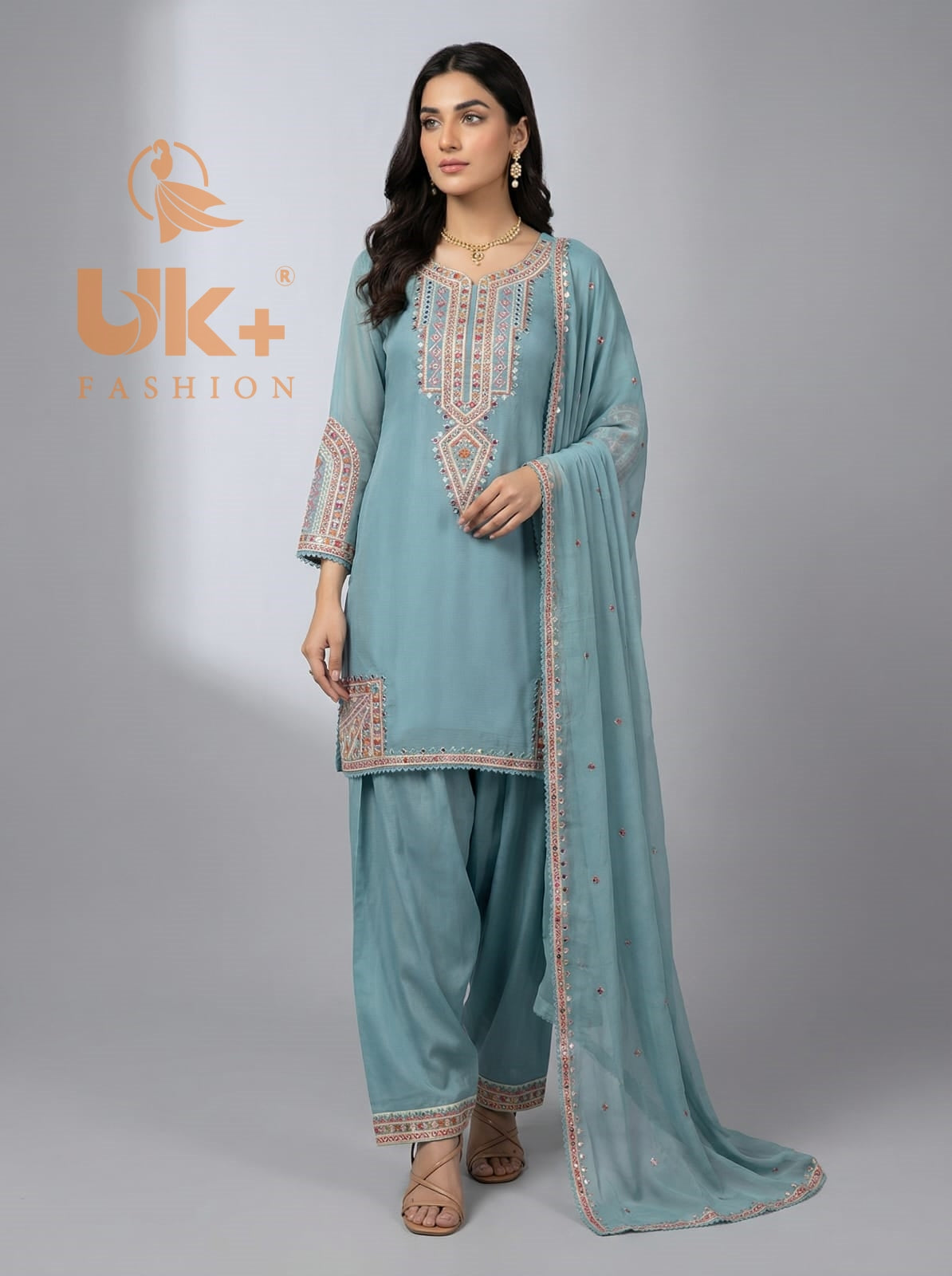 3Pc Embroidered Chiffon Shirt, Farshi Shalwar, Dupatta