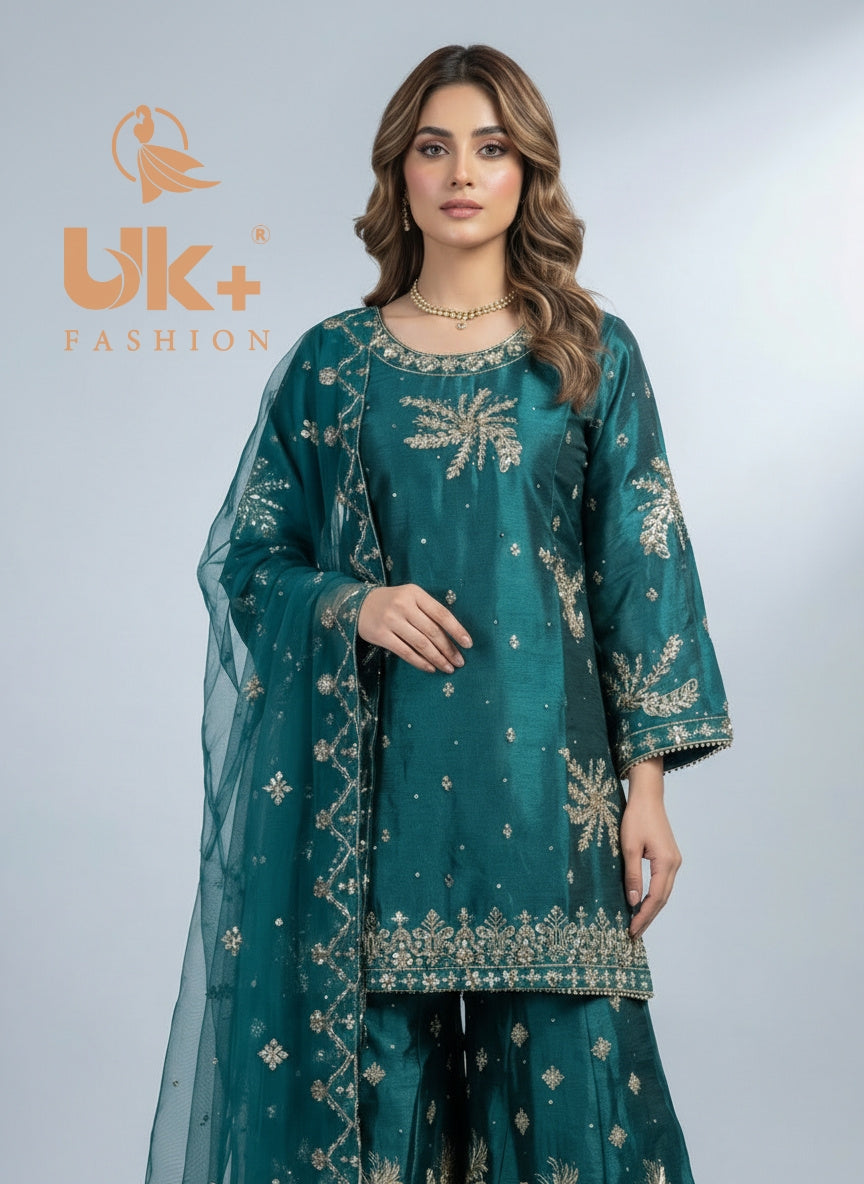 3Pc Embroided Sheesha Silk Shirt, Plazo, Dupatta