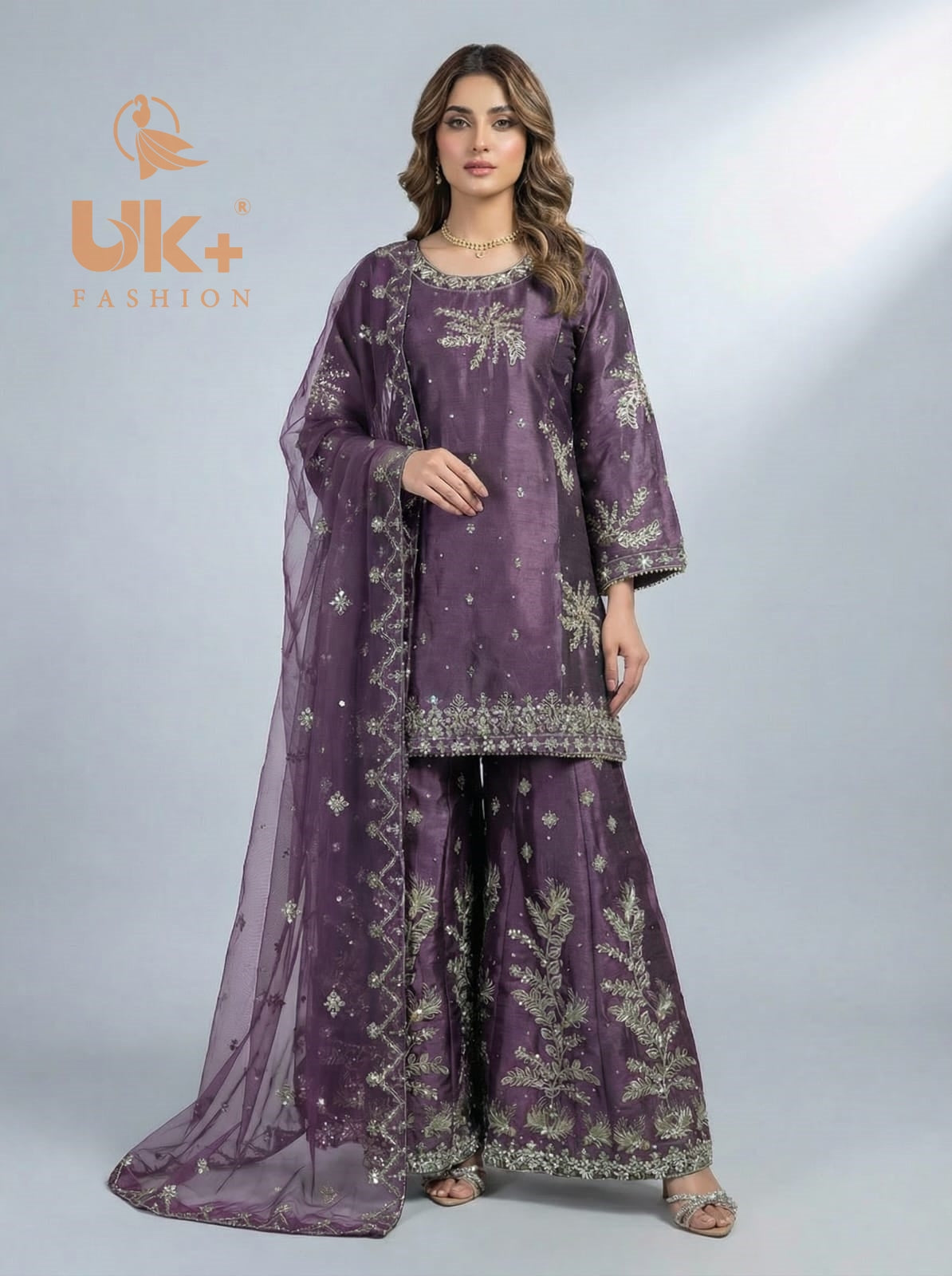 3Pc Embroided Sheesha Silk Shirt, Plazo, Dupatta